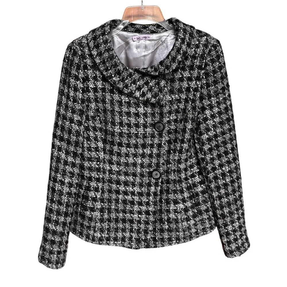Black &‎ White Houndstooth Tweed Wool Blend Asymmetric Jacket Womens Size M
